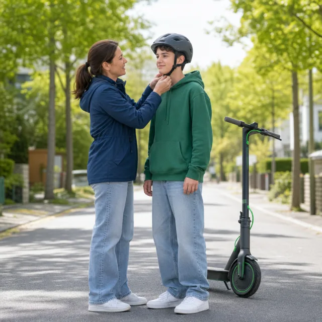 Ein Elternteil stellt einem Jugendlichen den Fahrradhelm ein