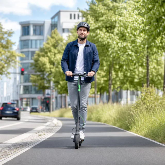 Person mit Helm fährt auf einem E-Scooter auf dem Radweg
