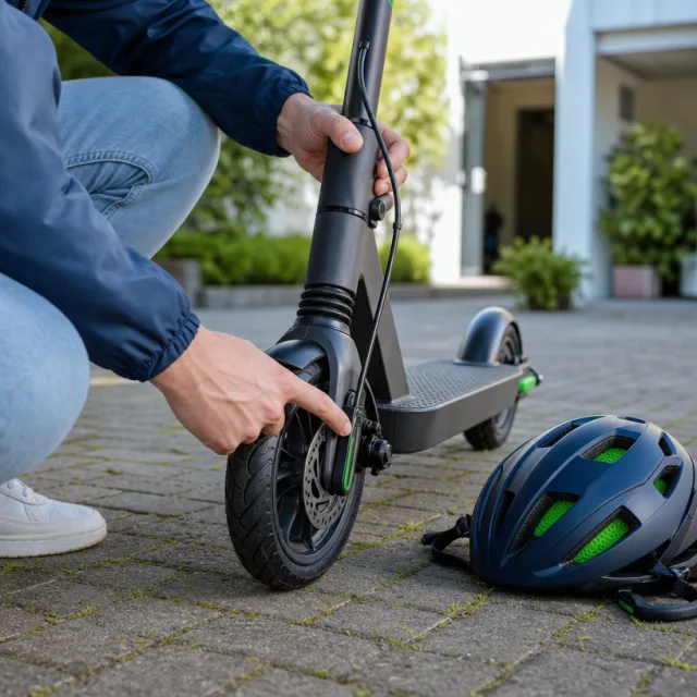 Hände prüfen Bremse und Reifen eines E-Scooters, daneben ein Helm
