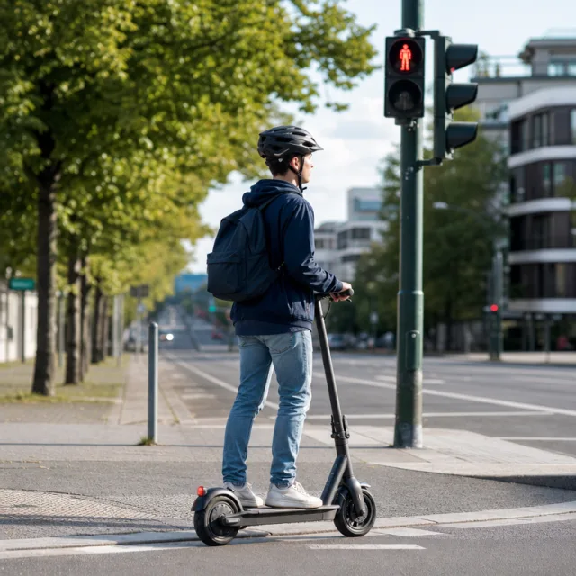 Person mit E-Scooter wartet an einer roten Ampel