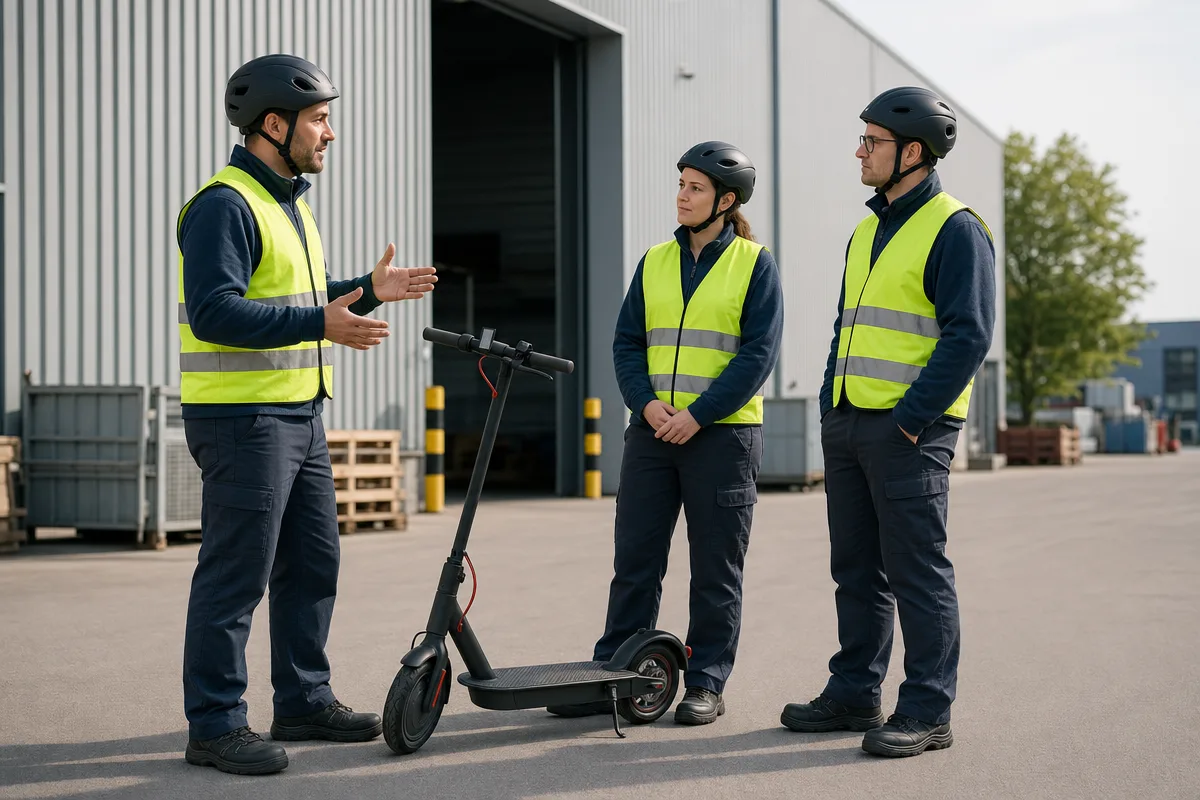 Unterweisung von Beschäftigten mit Warnwesten neben einem E-Scooter