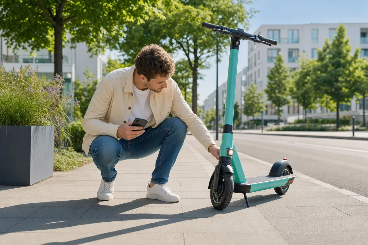 Person informiert sich am Smartphone neben einem E-Scooter